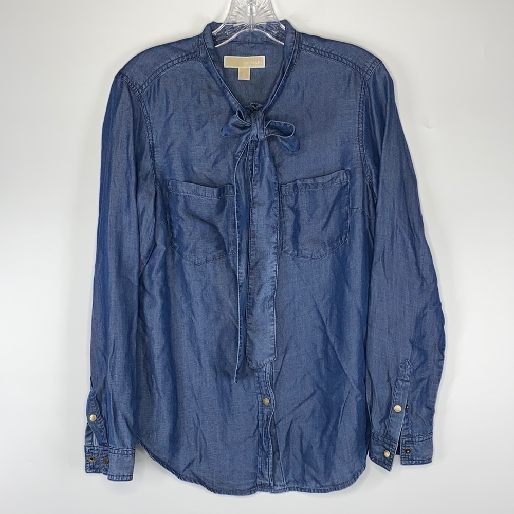MICHAEL Michael Kors Pussybow Chambray Button Up Top Size Medium